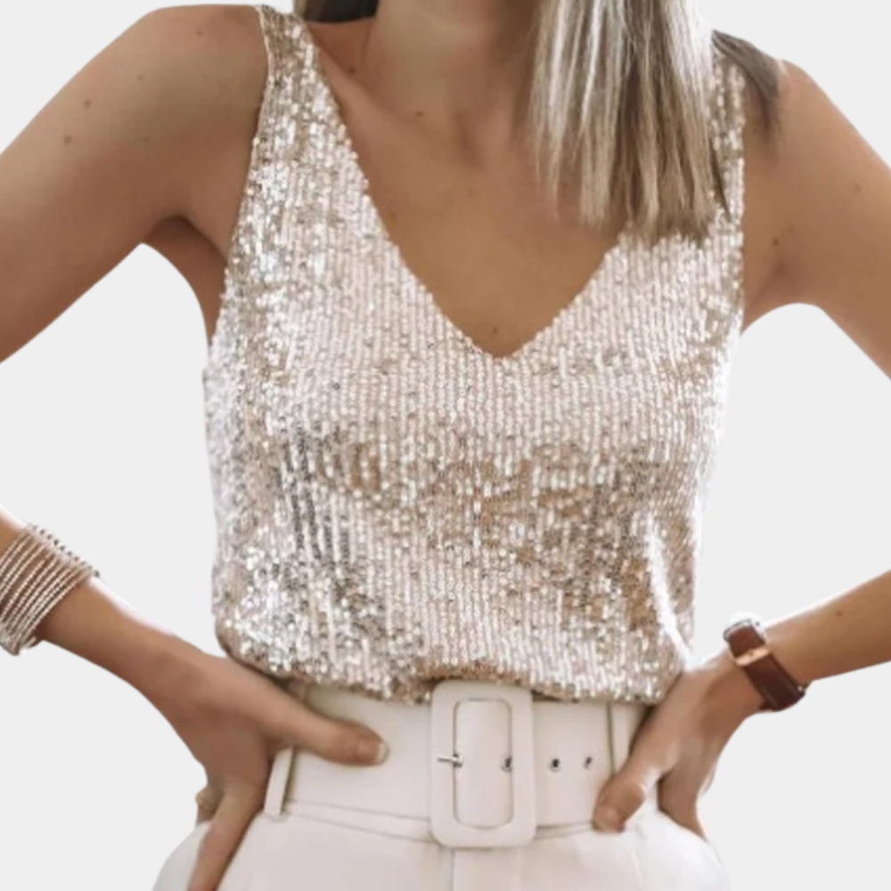 Elegant Gold Sequin Going Out Top for Women with V Neck Sleeveless Relaxed Sparkle Style