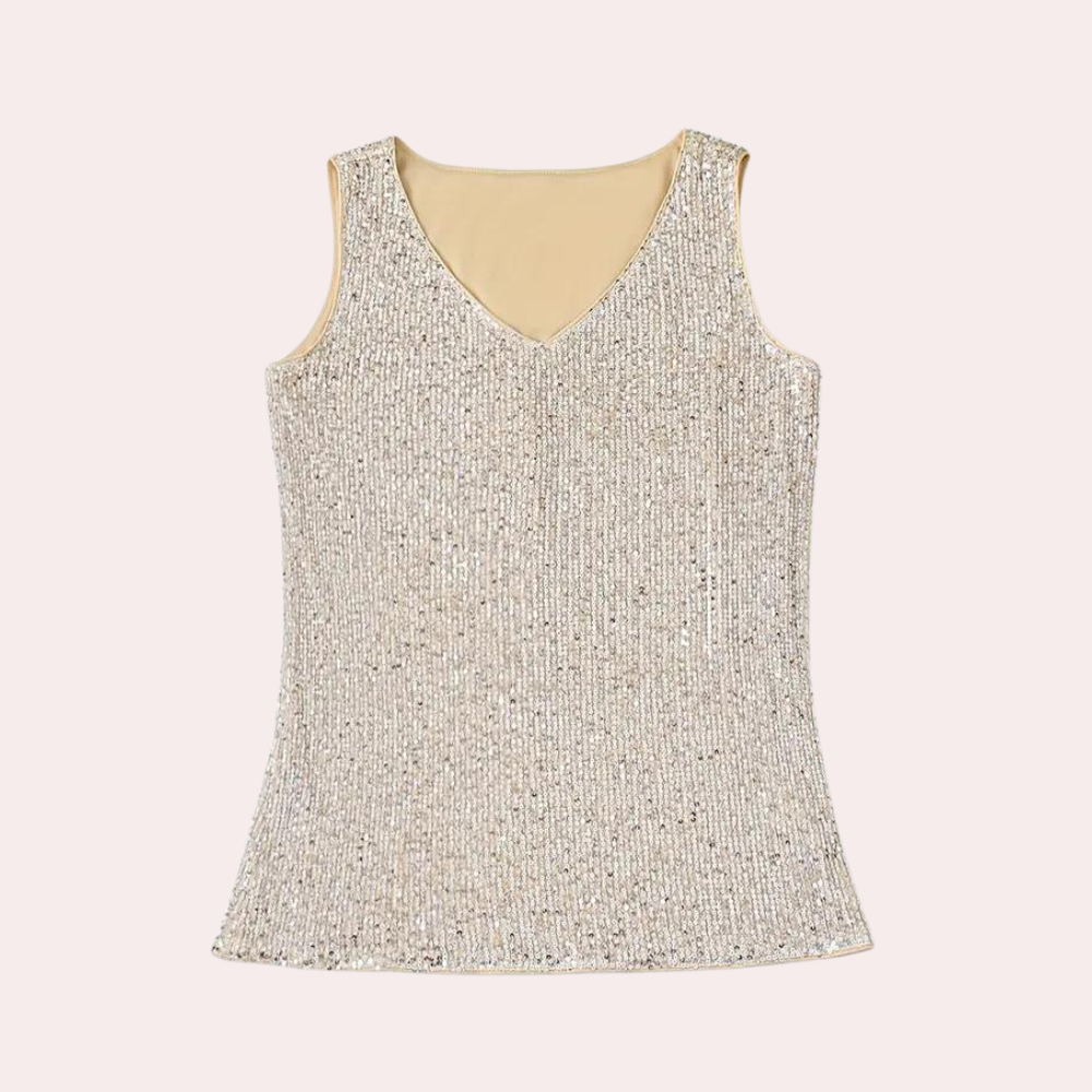 Elegant Gold Sequin Going Out Top for Women with V Neck Sleeveless Relaxed Sparkle Style