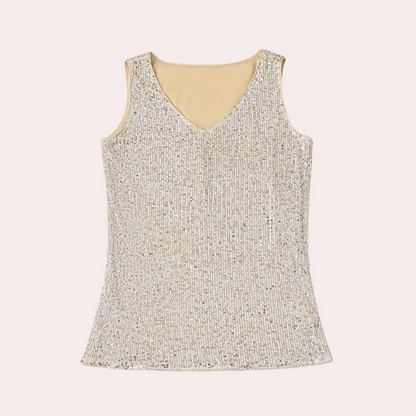Elegant Gold Sequin Going Out Top for Women with V Neck Sleeveless Relaxed Sparkle Style