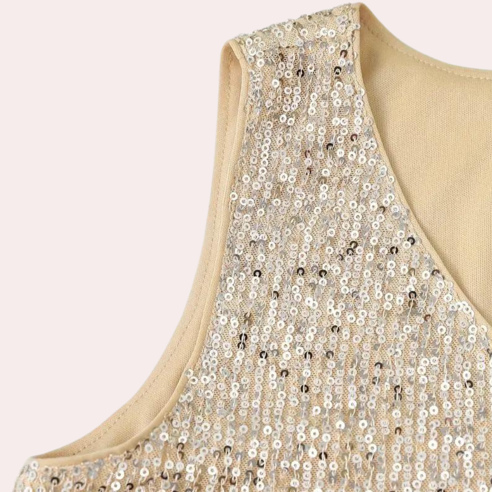 Elegant Gold Sequin Going Out Top for Women with V Neck Sleeveless Relaxed Sparkle Style