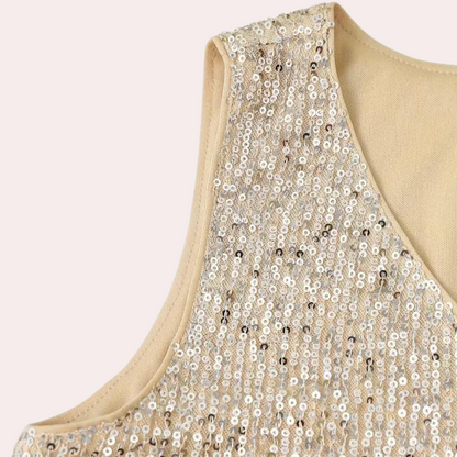 Elegant Gold Sequin Going Out Top for Women with V Neck Sleeveless Relaxed Sparkle Style
