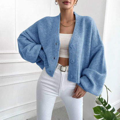Chic Cropped Knit Cardigan for Women with V Neck Balloon Sleeve Button Front Relaxed Style