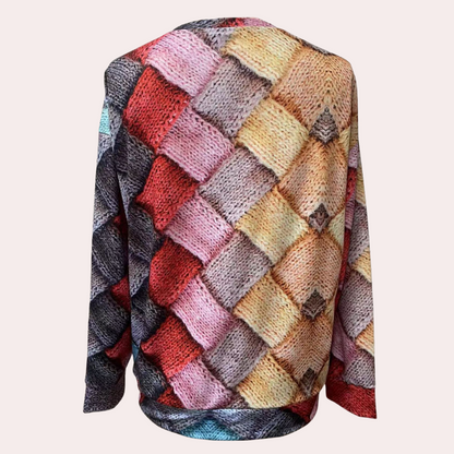 Comfortable Woven Print Sweater for Women with Crew Neck Long Sleeve Relaxed Oversized Knit Style