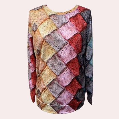 Comfortable Woven Print Sweater for Women with Crew Neck Long Sleeve Relaxed Oversized Knit Style