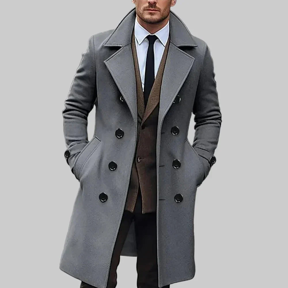 Elegant Wool Coat for Men with Peak Lapel Long Sleeve Double Breasted Longline Business Style