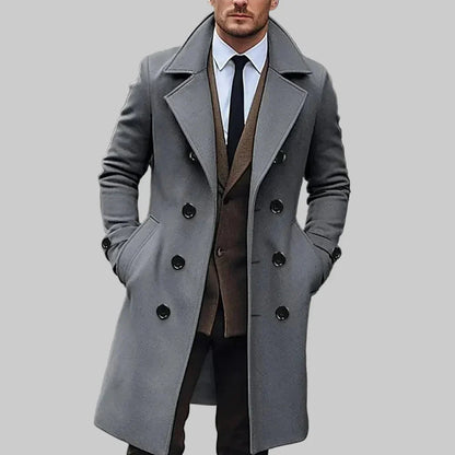 Elegant Wool Coat for Men with Peak Lapel Long Sleeve Double Breasted Longline Business Style