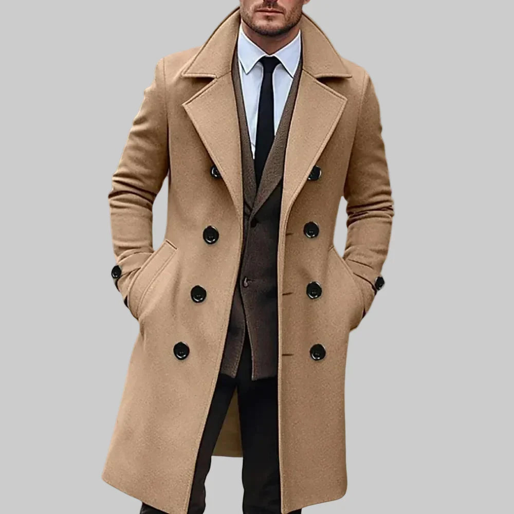 Elegant Wool Coat for Men with Peak Lapel Long Sleeve Double Breasted Longline Business Style