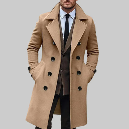Elegant Wool Coat for Men with Peak Lapel Long Sleeve Double Breasted Longline Business Style