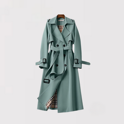 Elegant Trench Coat for Women with Notched Lapel Long Sleeve Belted Double Breasted Style