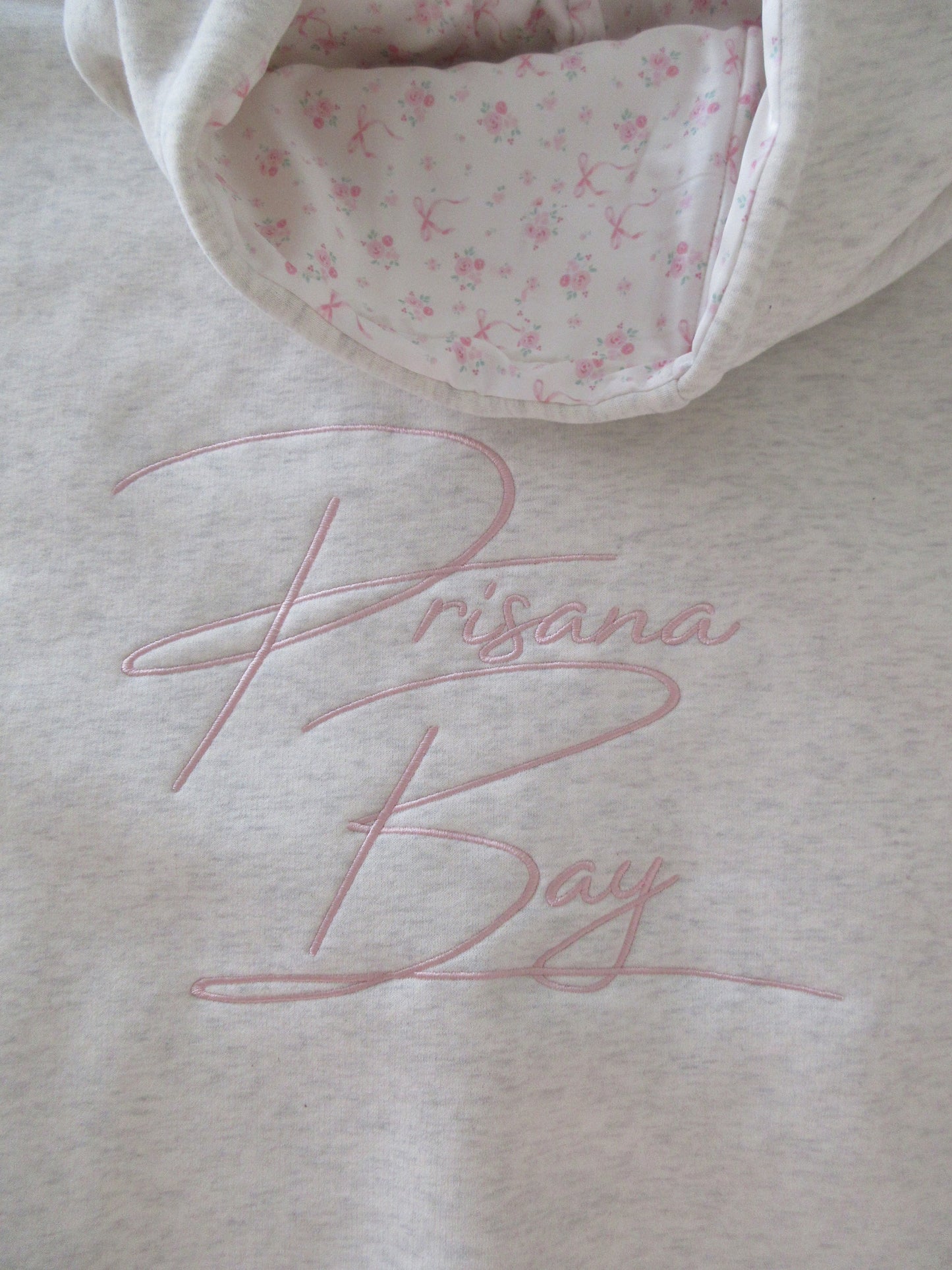 Comfortable Heather Gray Embroidered Bow Hoodie for Women with Hooded Long Sleeve Floral Lined Oversized Knit Style