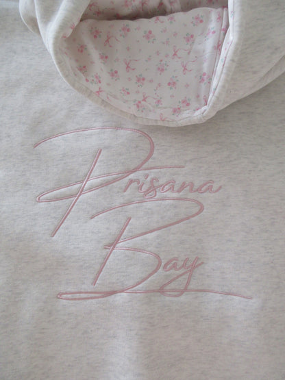 Comfortable Heather Gray Embroidered Bow Hoodie for Women with Hooded Long Sleeve Floral Lined Oversized Knit Style