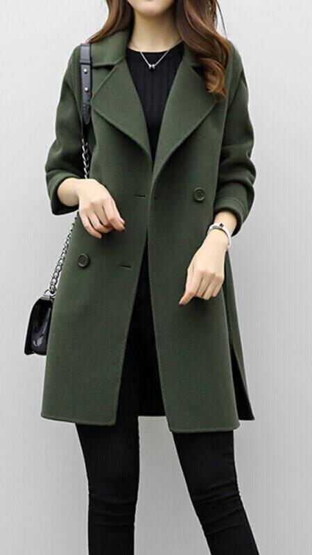 Classic Long Trench Coat for Women with Notched Lapel Long Sleeve Single Breasted Relaxed Style