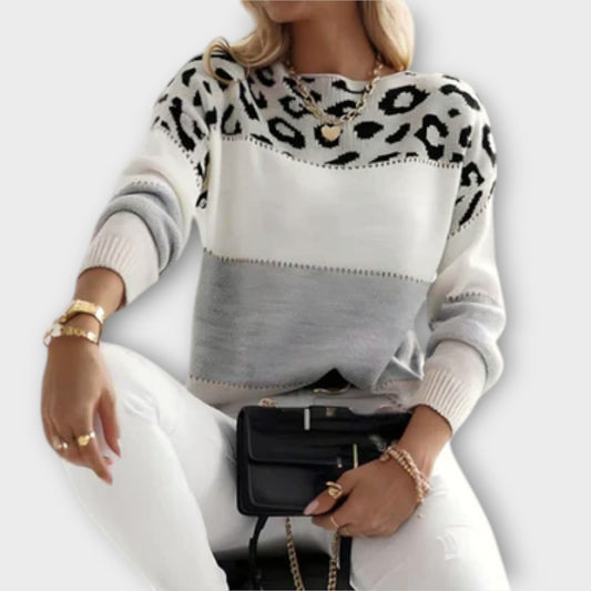 Comfortable Leopard Colorblock Sweater for Women with Crew Neck Long Sleeve Relaxed Oversized Knit Style