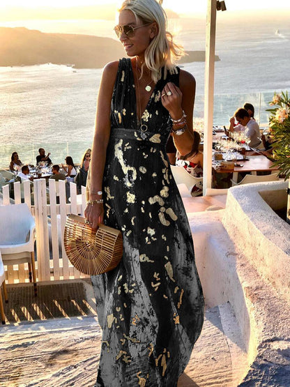 Elegant Foil Sequin Dress for Women with V Neck Sleeveless Belted Maxi Bohemian Style