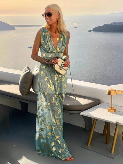 Elegant Foil Sequin Dress for Women with V Neck Sleeveless Belted Maxi Bohemian Style