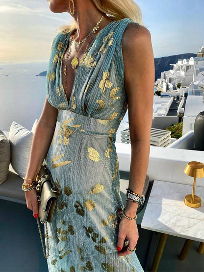 Elegant Foil Sequin Dress for Women with V Neck Sleeveless Belted Maxi Bohemian Style