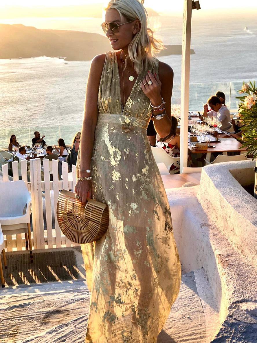 Elegant Foil Sequin Dress for Women with V Neck Sleeveless Belted Maxi Bohemian Style