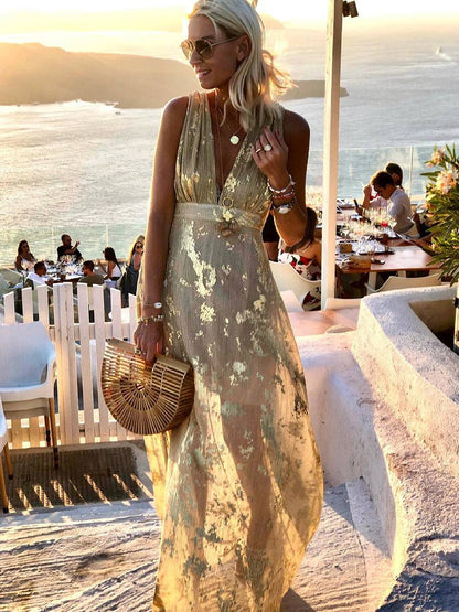 Elegant Foil Sequin Dress for Women with V Neck Sleeveless Belted Maxi Bohemian Style