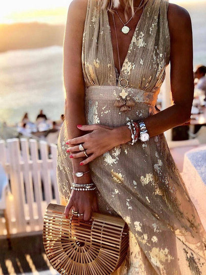 Elegant Foil Sequin Dress for Women with V Neck Sleeveless Belted Maxi Bohemian Style