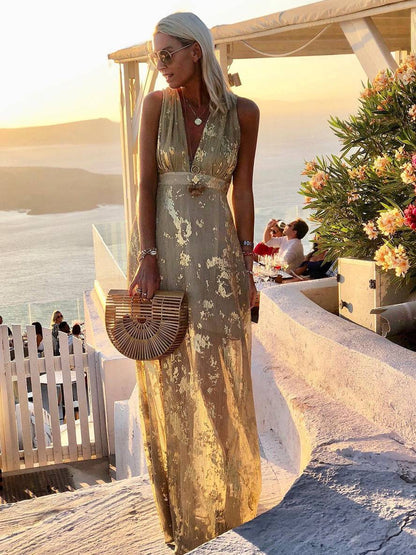 Elegant Foil Sequin Dress for Women with V Neck Sleeveless Belted Maxi Bohemian Style