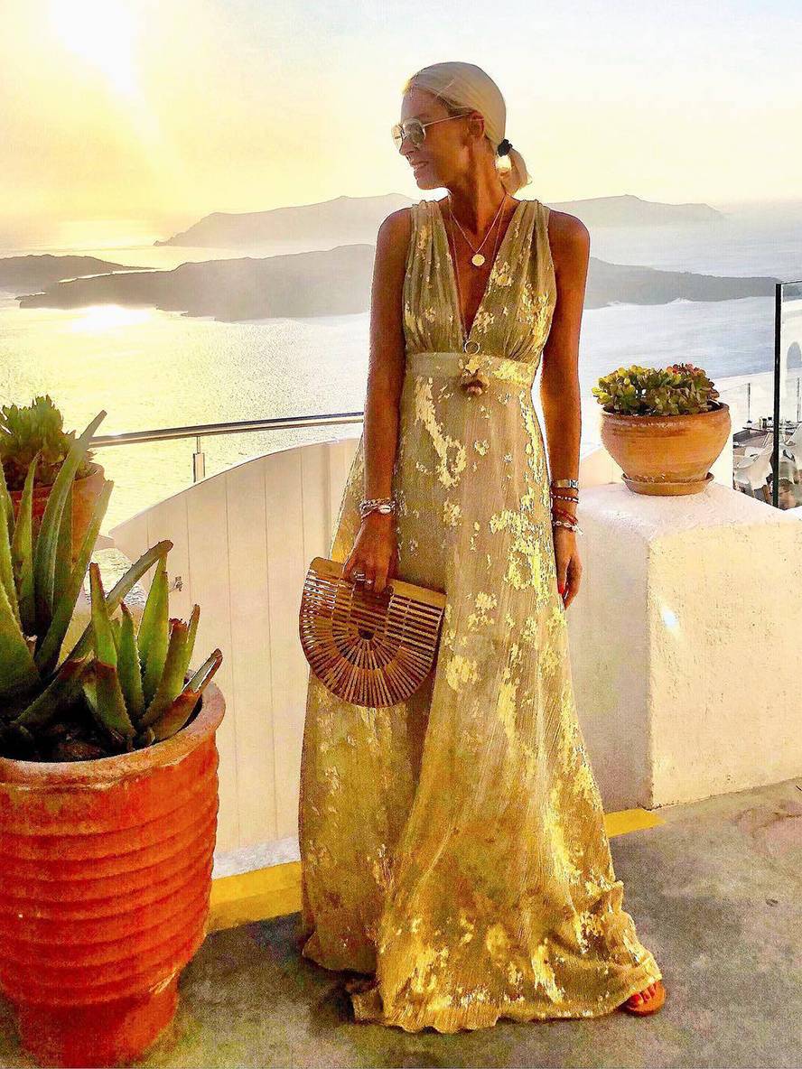 Elegant Foil Sequin Dress for Women with V Neck Sleeveless Belted Maxi Bohemian Style