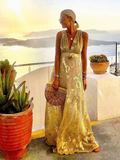 Elegant Foil Sequin Dress for Women with V Neck Sleeveless Belted Maxi Bohemian Style