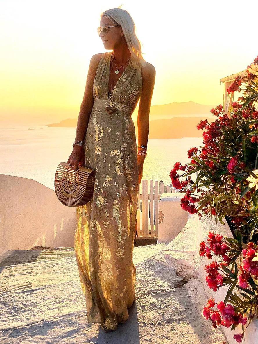 Elegant Foil Sequin Dress for Women with V Neck Sleeveless Belted Maxi Bohemian Style