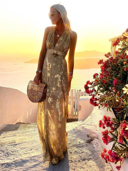 Elegant Foil Sequin Dress for Women with V Neck Sleeveless Belted Maxi Bohemian Style