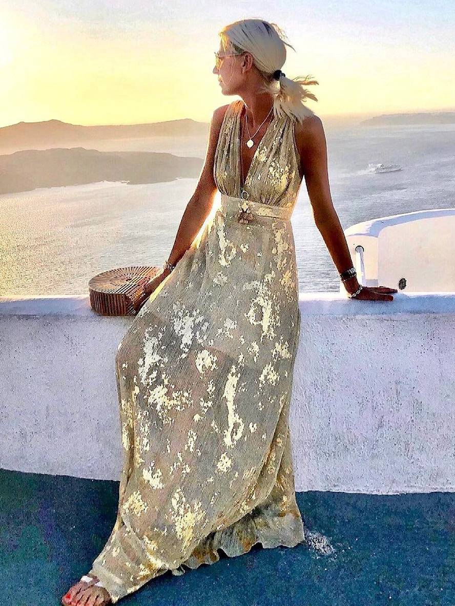 Elegant Foil Sequin Dress for Women with V Neck Sleeveless Belted Maxi Bohemian Style