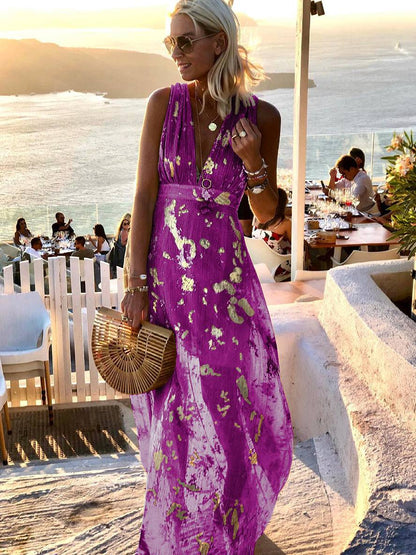 Elegant Foil Sequin Dress for Women with V Neck Sleeveless Belted Maxi Bohemian Style