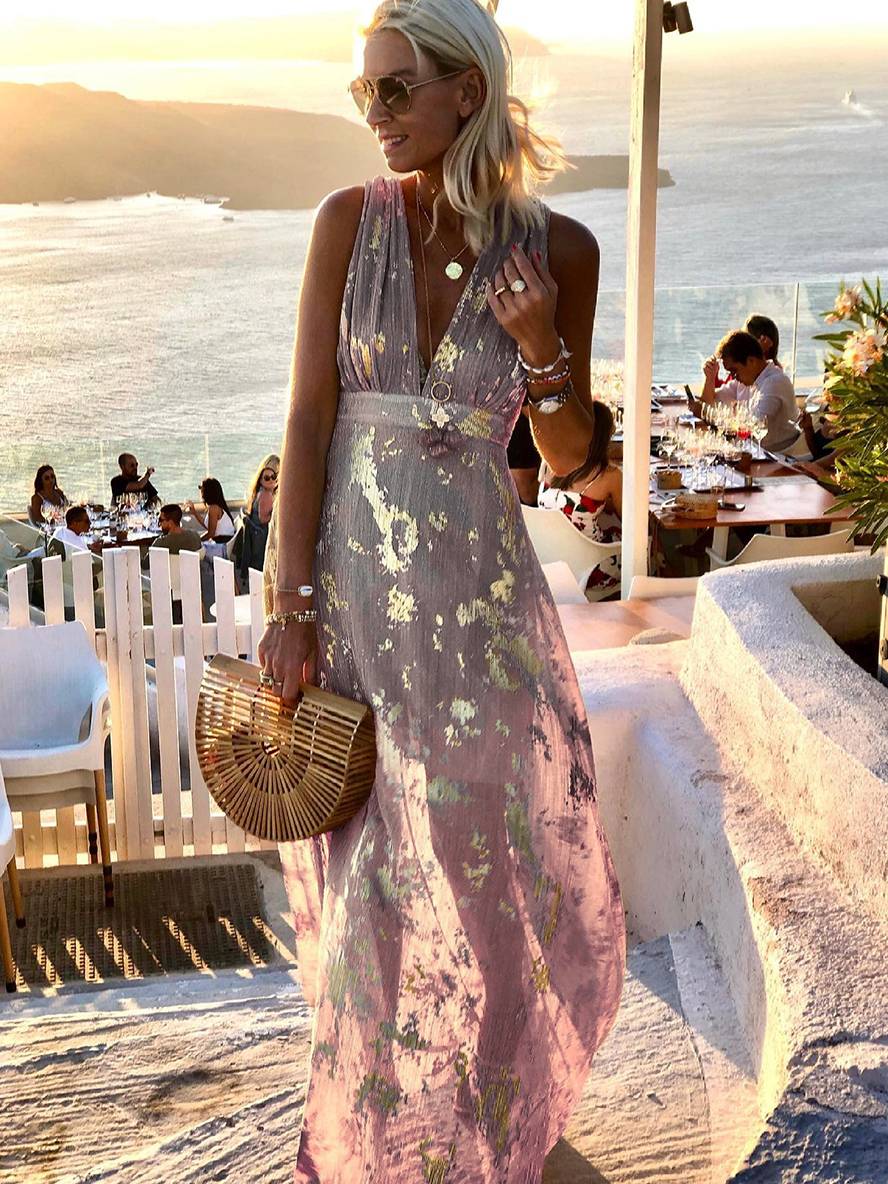 Elegant Foil Sequin Dress for Women with V Neck Sleeveless Belted Maxi Bohemian Style