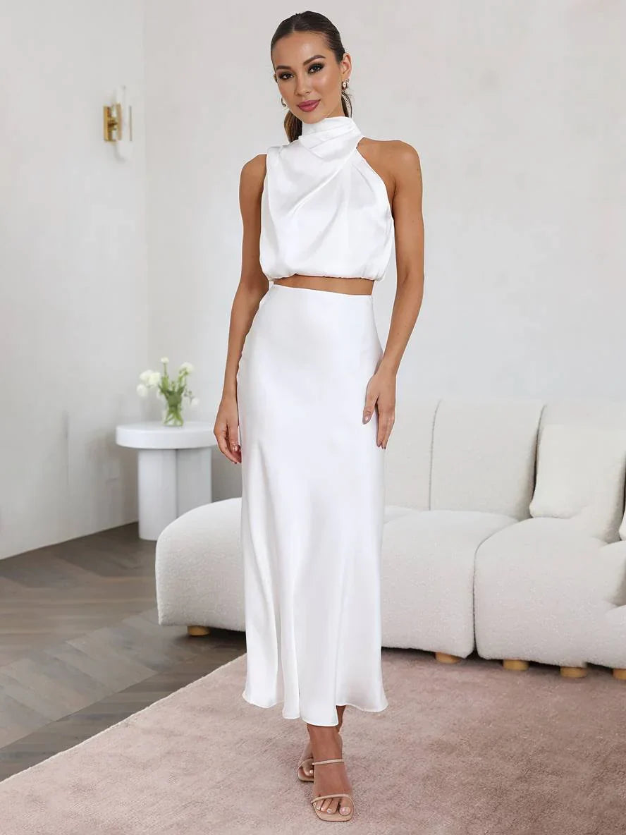 Elegant Satin Two Piece Set for Women with Halter Top Draped Neckline Mermaid Maxi Skirt Formal Style