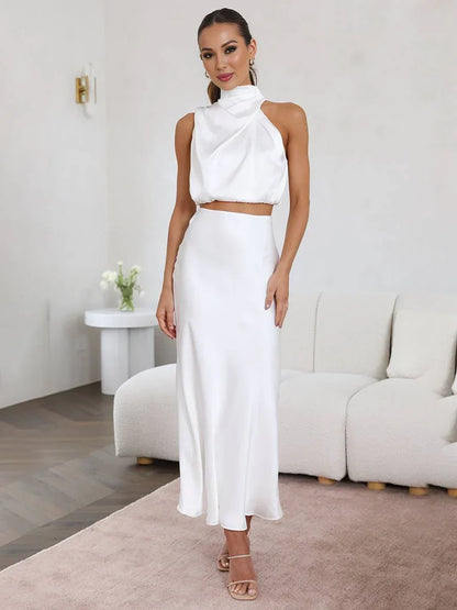 Elegant Satin Two Piece Set for Women with Halter Top Draped Neckline Mermaid Maxi Skirt Formal Style
