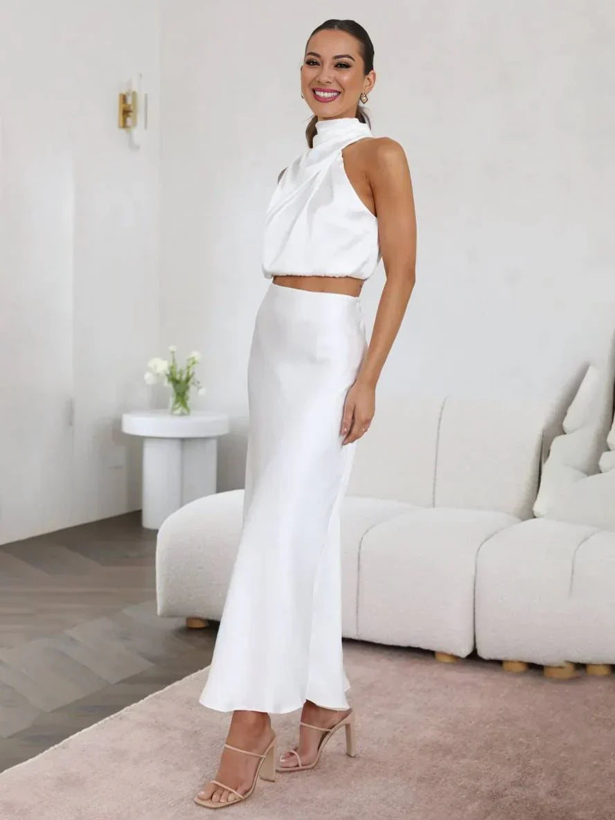 Elegant Satin Two Piece Set for Women with Halter Top Draped Neckline Mermaid Maxi Skirt Formal Style