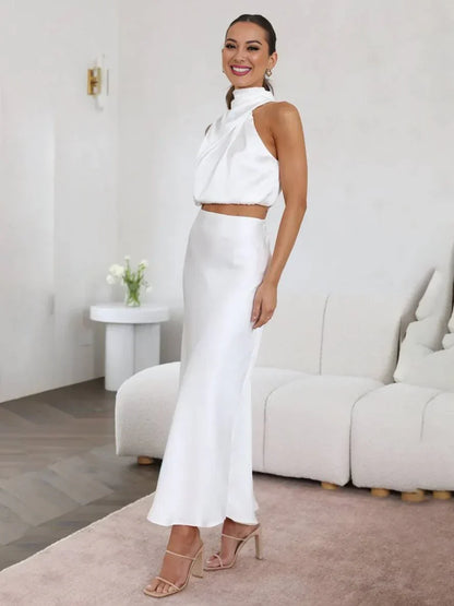 Elegant Satin Two Piece Set for Women with Halter Top Draped Neckline Mermaid Maxi Skirt Formal Style