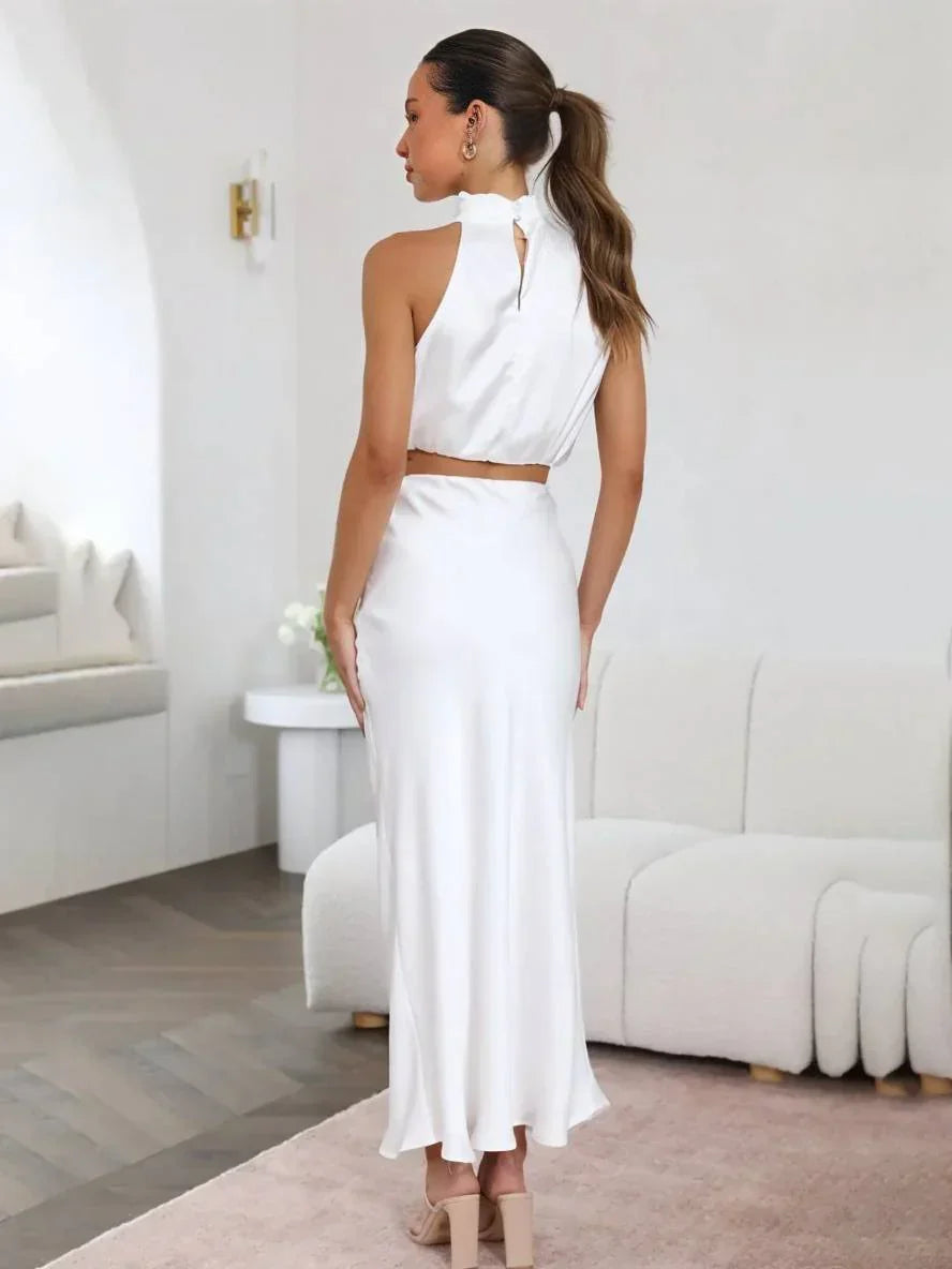 Elegant Satin Two Piece Set for Women with Halter Top Draped Neckline Mermaid Maxi Skirt Formal Style