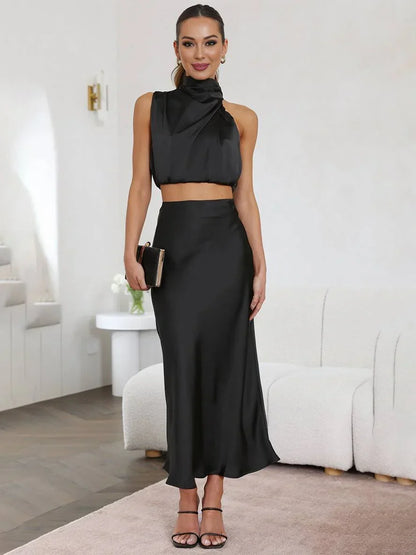 Elegant Satin Two Piece Set for Women with Halter Top Draped Neckline Mermaid Maxi Skirt Formal Style