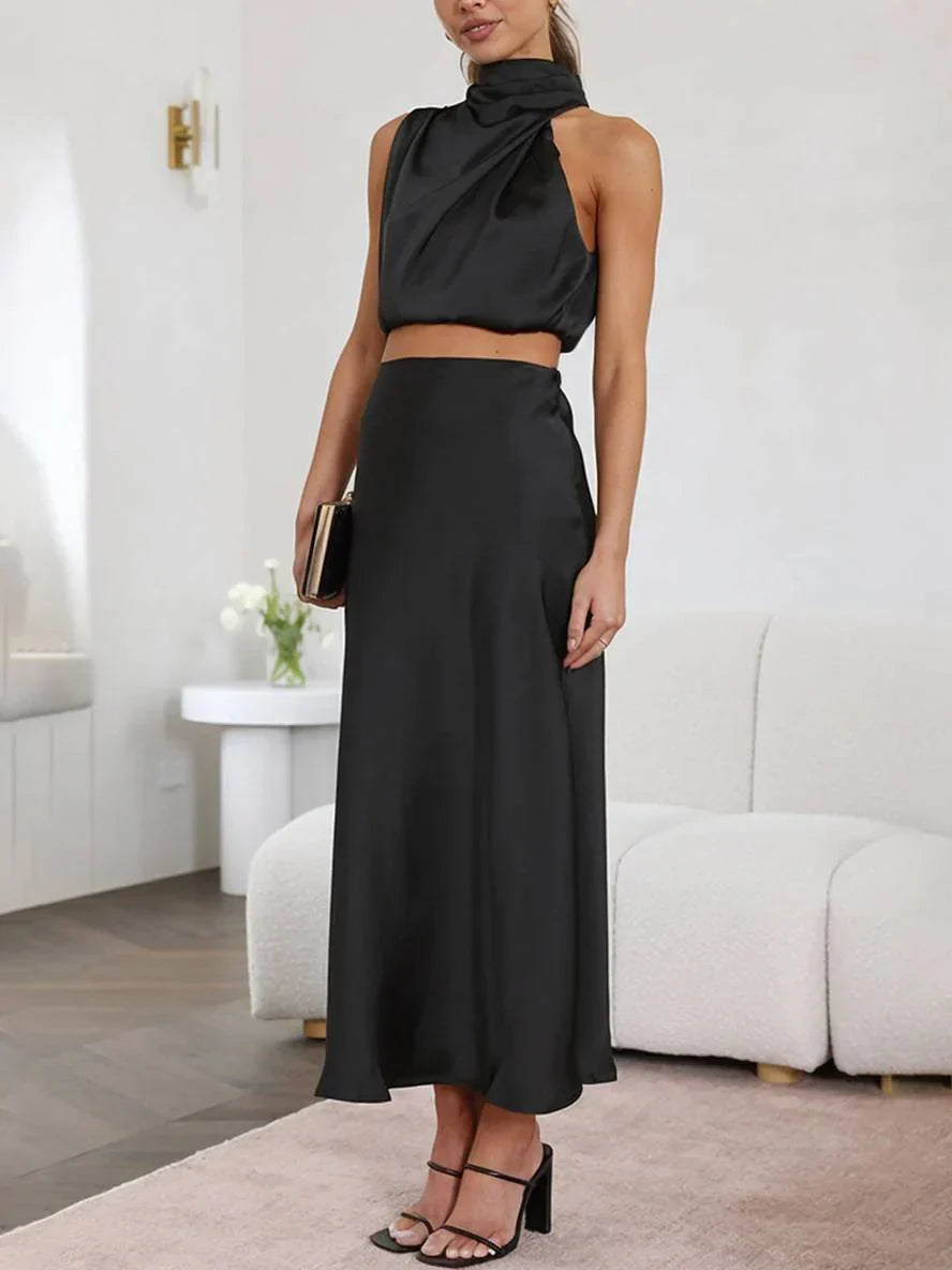 Elegant Satin Two Piece Set for Women with Halter Top Draped Neckline Mermaid Maxi Skirt Formal Style