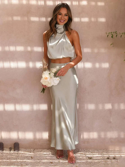 Elegant Satin Two Piece Set for Women with Halter Top Draped Neckline Mermaid Maxi Skirt Formal Style