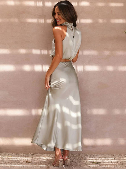 Elegant Satin Two Piece Set for Women with Halter Top Draped Neckline Mermaid Maxi Skirt Formal Style