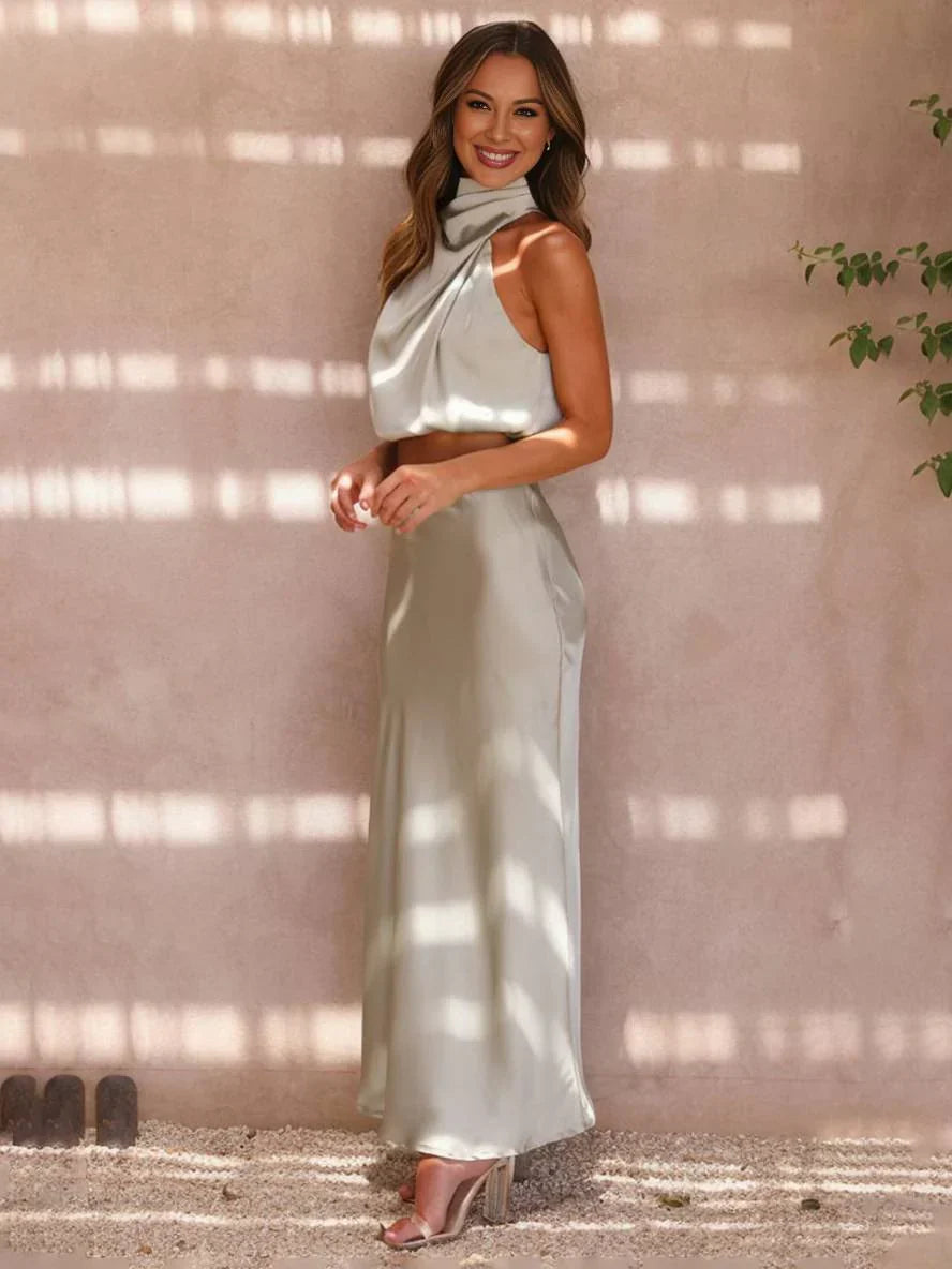 Elegant Satin Two Piece Set for Women with Halter Top Draped Neckline Mermaid Maxi Skirt Formal Style