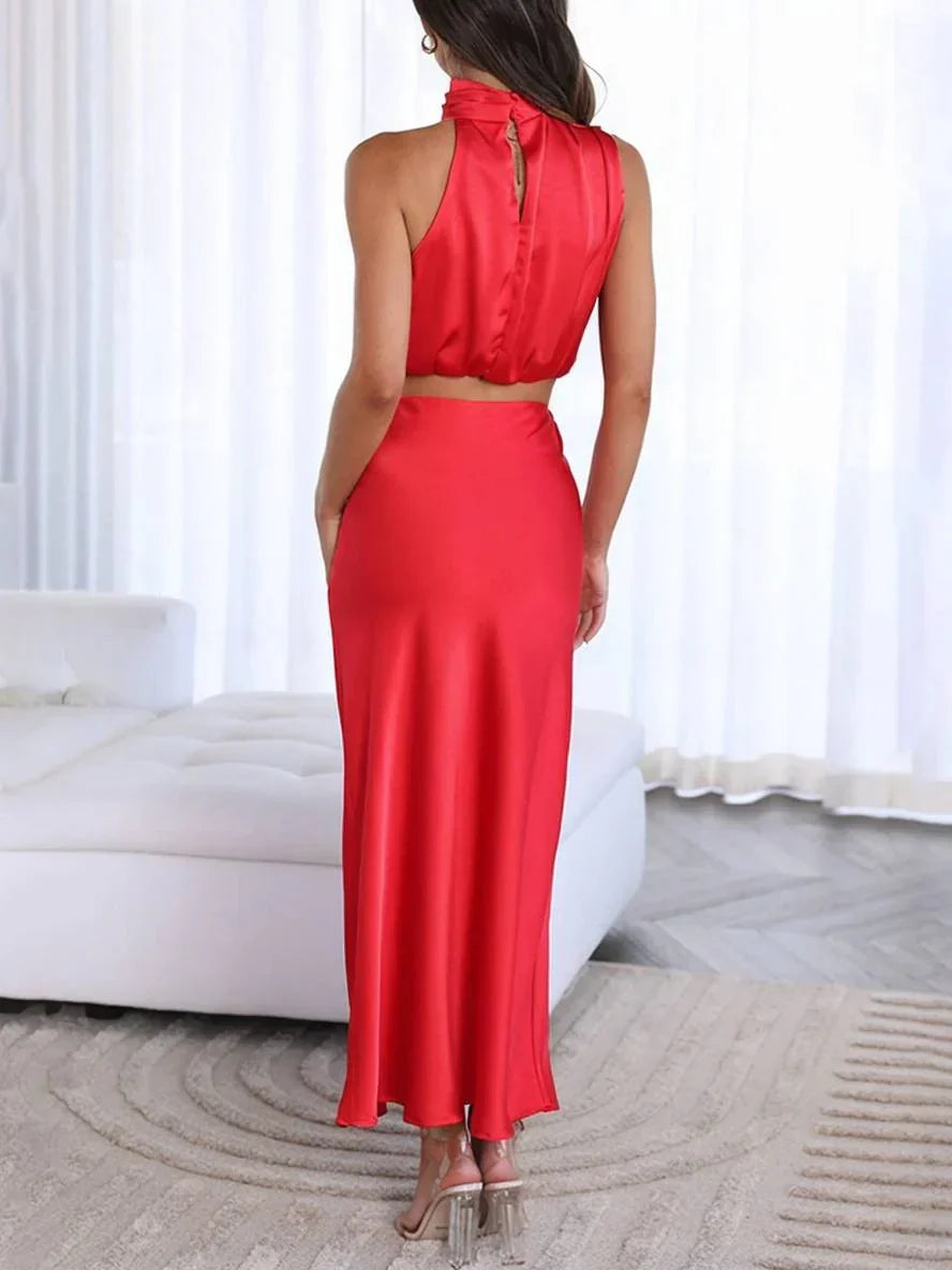 Elegant Satin Two Piece Set for Women with Halter Top Draped Neckline Mermaid Maxi Skirt Formal Style