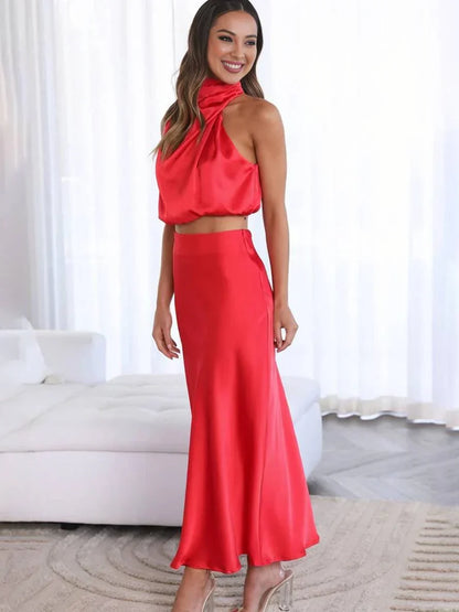 Elegant Satin Two Piece Set for Women with Halter Top Draped Neckline Mermaid Maxi Skirt Formal Style