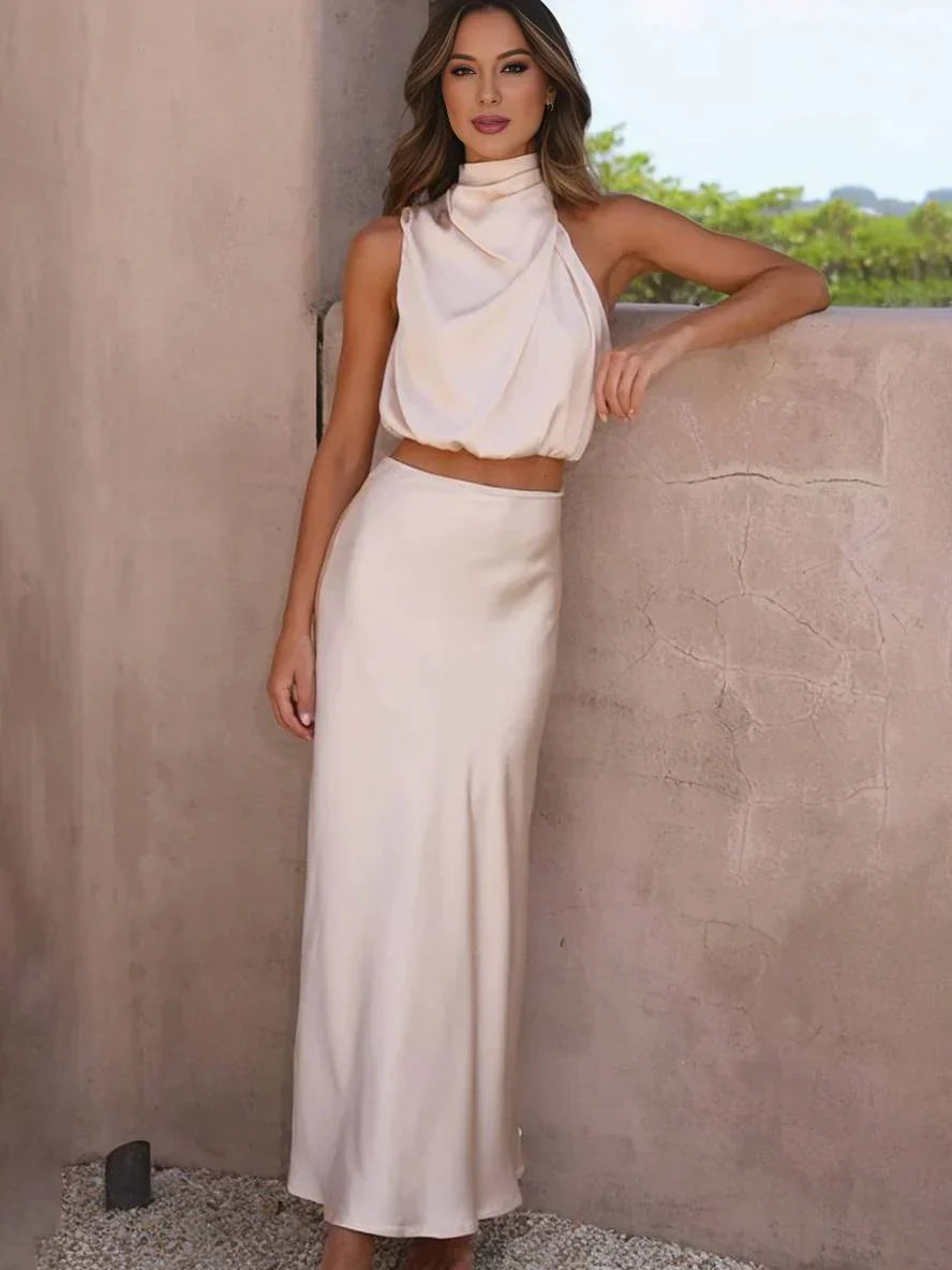 Elegant Satin Two Piece Set for Women with Halter Top Draped Neckline Mermaid Maxi Skirt Formal Style
