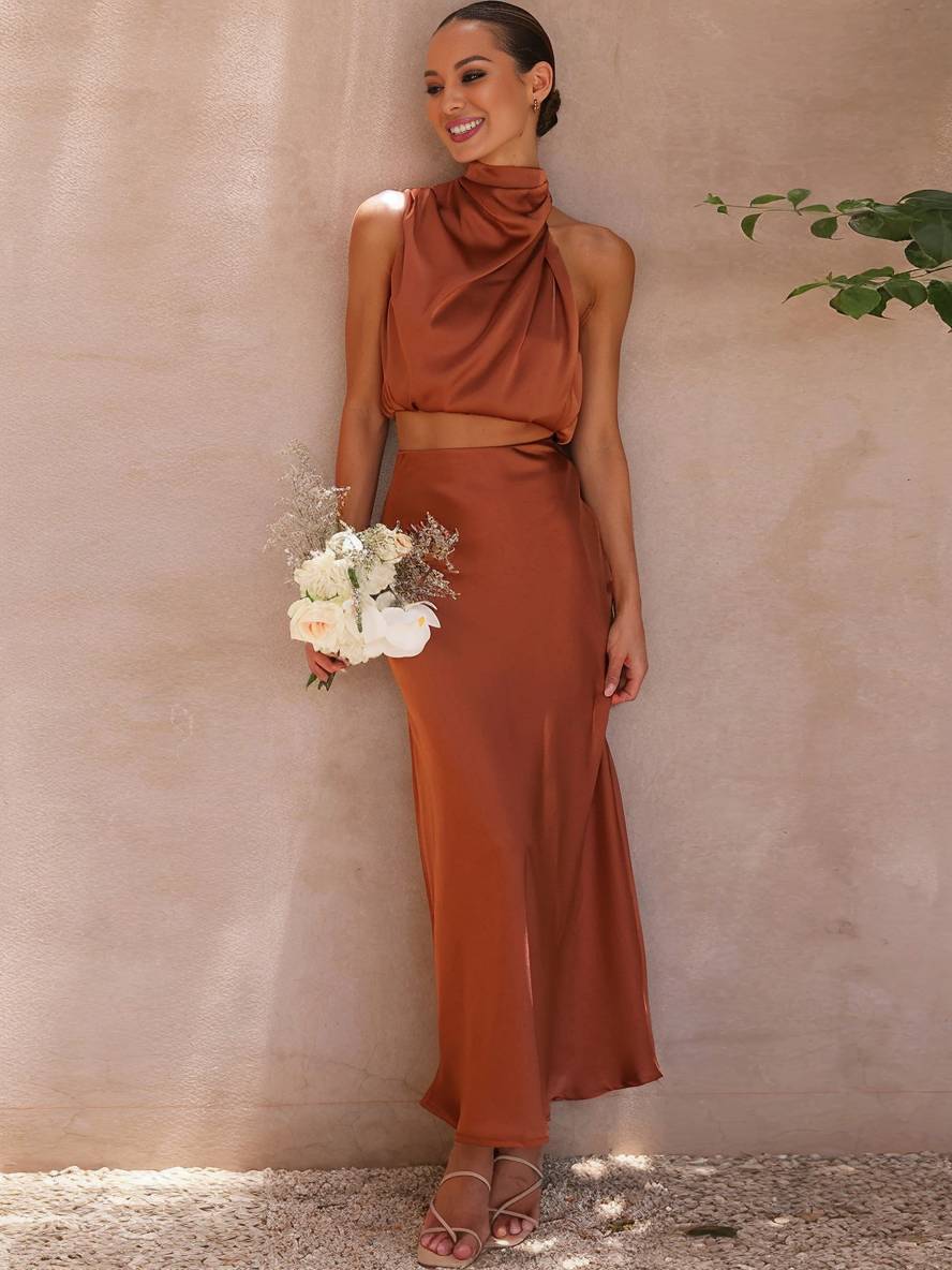 Elegant Satin Two Piece Set for Women with Halter Top Draped Neckline Mermaid Maxi Skirt Formal Style