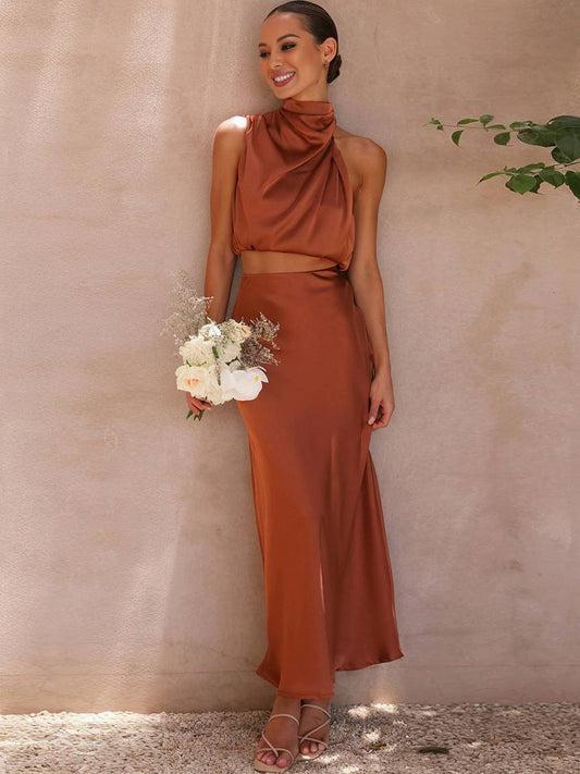 Elegant Satin Two Piece Set for Women with Halter Top Draped Neckline Mermaid Maxi Skirt Formal Style