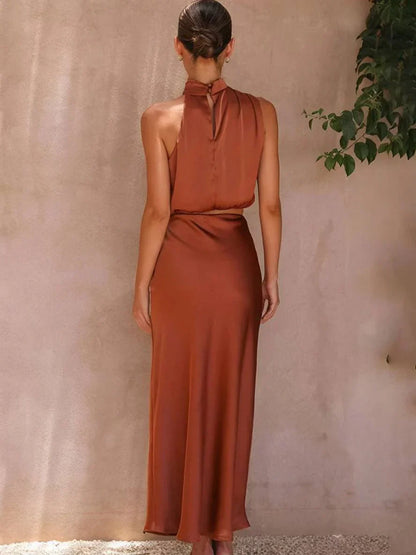 Elegant Satin Two Piece Set for Women with Halter Top Draped Neckline Mermaid Maxi Skirt Formal Style