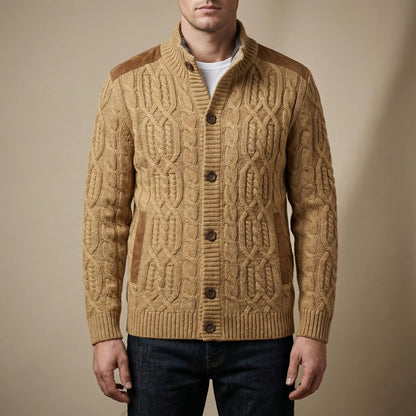 Cozy Cable Knit Cardigan for Men with Stand Collar Long Sleeve Button Up Aran Knit Winter Style