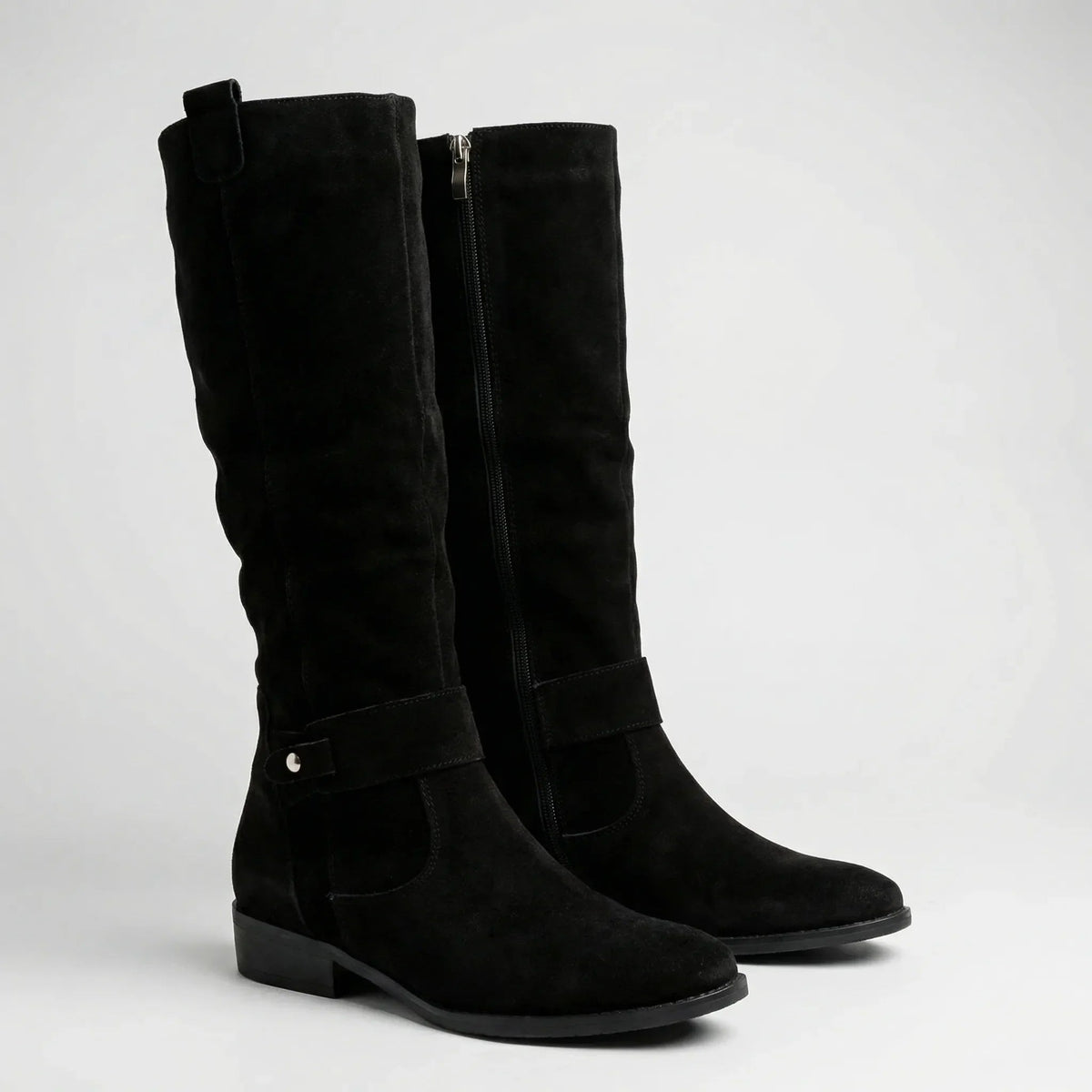 Women's Knee-High Boots Faux Suede Slouch Tall Riding Round Toe Low Block Heel Side Zip