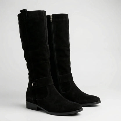 Women's Knee-High Boots Faux Suede Slouch Tall Riding Round Toe Low Block Heel Side Zip